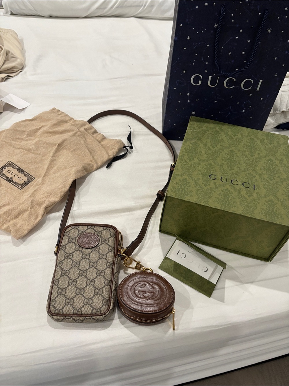 Gucci Brown & Beige GG Canvas Crossbody Phone Pouch with Coin Case